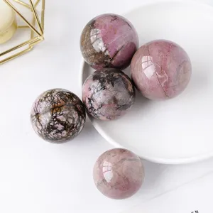 Bola de Cristal de Rodonita Natural Ornamento Piedra Mineral Rosa y Negra Pulida Decoración de Escritorio para Hogar Oficina Sin Soporte