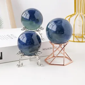 Natural Blue Green Fluorite Crystal Sphere Ball with Metal Stand for Home Office Decor