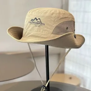 Outdoor camping bucket hat with mesh and drawstring, sun protection hiking fishing cap.