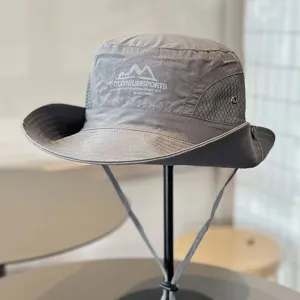 Grey outdoor camp sun hat with mesh panels and adjustable drawstring for hiking and fishing