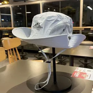 Outdoor hiking sun protection fisherman hat with breathable mesh and adjustable drawstring for camping.