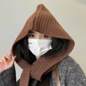 Sciarpa con cappuccio in maglia marrone tutto in uno caldo cappello invernale donna