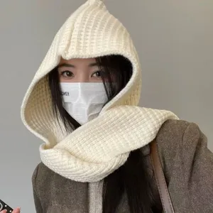 Gestrickter Kapuzenschal Damen Winter warm einfarbig Pullover Kappe Fleece dicke Wollmütze