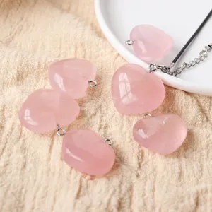 Natural Rose Quartz Heart Pendant DIY Healing Crystal Necklace Cute Love Charm Jewelry Gift
