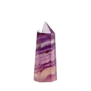 Natural purple fluorite crystal tower point hand polished gemstone column for home desktop decor.