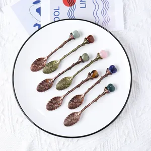 Vintage Natural Crystal Heart Long Handle Stirring Spoon Bronze Alloy Coffee Tea Spoon Handmade Polished Gemstone Tableware For Kitchen Home