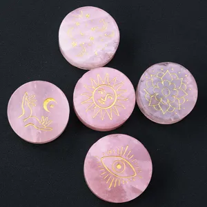 Natural Rose Quartz Round Disk Gold Laser Engraved Mystical Sun Moon Evil Eye Pattern Healing Crystal Plate For Home Meditation Decor