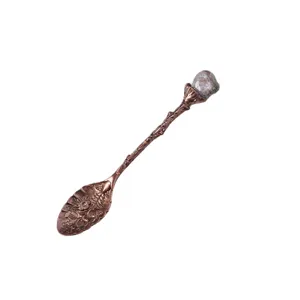 Vintage copper mixing spoon with natural crystal stone, handcrafted embossed long handle spoon.