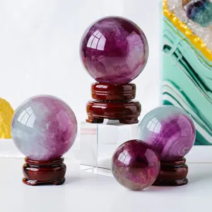 Natürliche Regenbogen Wassermelonen Fluorit Kristallkugel Handpoliert Heilstein Sphäre Mit Holzständer Zuhause Büro Dekor
