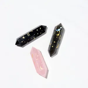 Natural crystal double terminated wands with laser engraved zodiac signs for home decor.