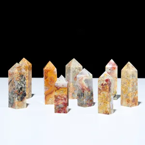 Natural crazy agate crystal tower gemstone single point polished energy healing decor pillar.