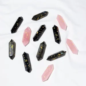 Natural Crystal Double Pointed Pillar Hexagonal Wand Zodiac Laser Engraving Rose Quartz Obsidian Labradorite Desktop Decor Stone