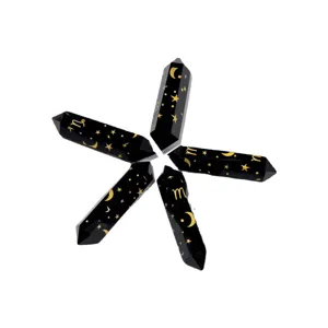 Natural black obsidian double terminated crystal column engraved with gold zodiac signs