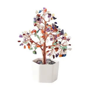 Natürlicher Kristall Geldbaum Mehrfarbige Fluorit Steine Bonsai Heilkristall Dekoration Mit Keramiktopf Handgefertigter Kupferdraht Baum Haus Büro Schreibtisch Dekor