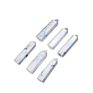Natural White Turquoise Rainbow Electroplated Hexagonal Column Point Crystal Tower Single Point Healing Stone Desktop Ornament Home Decor