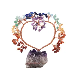 Natürlicher Kristallbaum Amethyst Cluster Basis Herzform Drahtgewickelt Baum Mehrfarbige Edelstein Chips Geldbaum Haus Büro Dekor