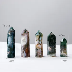 Punta de Cristal de Ágata de Musgo Natural Prisma Hexagonal Piedra de Curación Pulida Adorno de Torre de Geoda Decoración de Escritorio Hogar