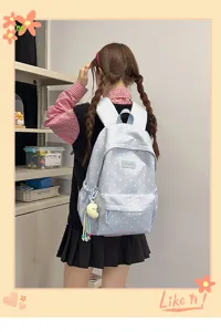 Cute light blue polka dot backpack for school girls daily casual stylish lightweight bookbag