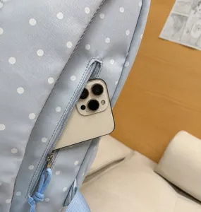 Close up of blue polka dot backpack back zipper pocket detail showing storage design