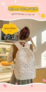 Floral canvas backpack for women, cute pink bow print large capacity school bag for daily use