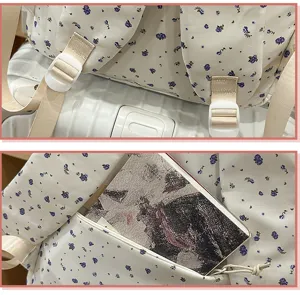 Close-up details of casual floral backpack with straps and pocket for student daily use.