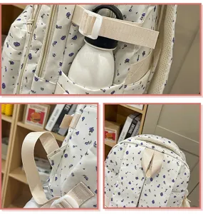 Floral canvas backpack detail close-up, casual lightweight school bookbag for students daily use.