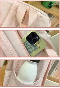 Casual pink campus backpack detail shot, lightweight daily school bag for students and travel.