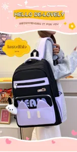 Cute aesthetic student backpack with cat ears design, casual nylon school bag for daily use.