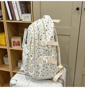 Floral print school backpack with beige straps, durable daily casual daypack for students