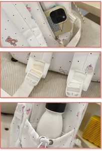 Cute cartoon bear printed student backpack detail view with multiple practical pockets and straps.