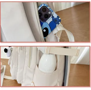 Large capacity casual backpack detail showing multiple pockets and storage space for students.