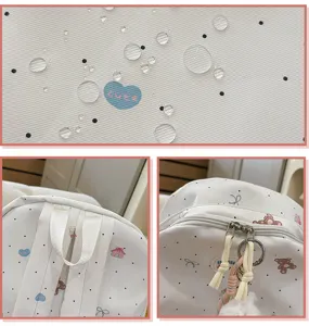 Detailed view of cute bear print canvas backpack showing waterproof fabric and zipper.