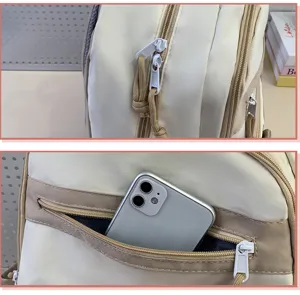 Detail view of casual student backpack featuring zipper pockets and durable fabric.