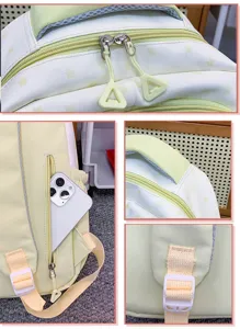 Close-up detail shot of the cute pastel green and white star backpack with zipper and pocket.