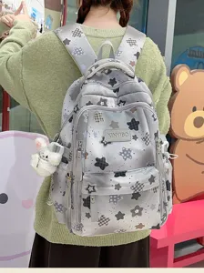 Detailed view of the stylish grey star-printed casual backpack, perfect for students.