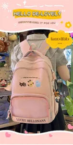 Pink cute backpack for teen girls casual school bookbag with cat embroidery and front pocket
