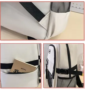 Detailed view of white student backpack showing fine stitching, mesh pockets and sturdy buckle.