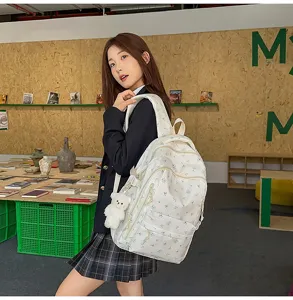 Detail shot of a fresh floral school backpack for college students, lightweight and spacious.