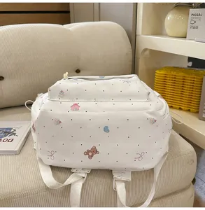 Cute cartoon bear print canvas backpack for women and girls, large capacity school bag.