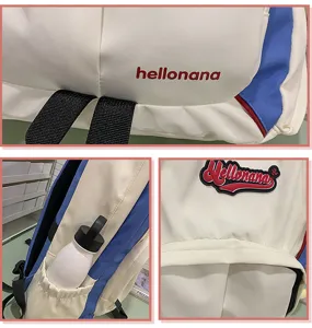 Casual student backpack detail showing multi-color design, side pocket, and embroidered logo.