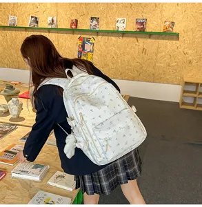Detail view of the floral canvas backpack showing cute pattern and large capacity.