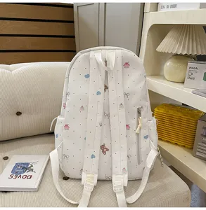 Cute cartoon bear print backpack for girls high school large capacity casual daily school bag white