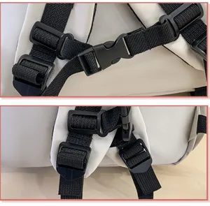 Close-up view of durable black adjustable straps and plastic buckles on a white backpack.