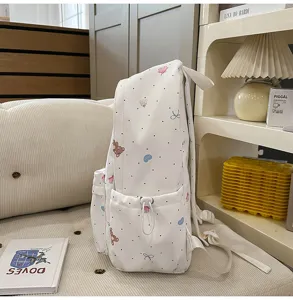 Cute polka dot bear print canvas backpack for teen girls casual large capacity school bag