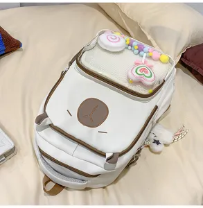 Cute white student backpack with transparent window and cute bear design for school