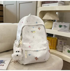 Cute polka dot bear print backpack for teen girls, stylish large capacity school bag.