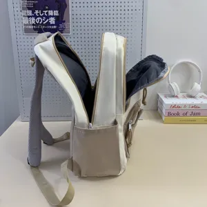 Japanese style minimalist beige backpack, casual student school bag with multi-layer pockets for daily use.