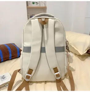 Beige campus backpack detail showing back straps, reflective strip, and cute side charm.