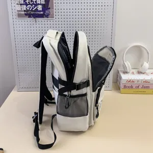 Large capacity casual student school backpack in white with black straps for daily commuting use.