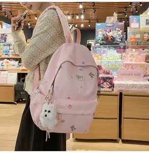 Cute pink aesthetic canvas backpack for women school with bear print and cute puppy charm for daily use